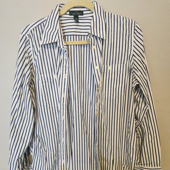 LRL Ralph Lauren White Pinstripe Button Down  Women’s L with Pocket PRE-OWNED - Picture 1 of 4